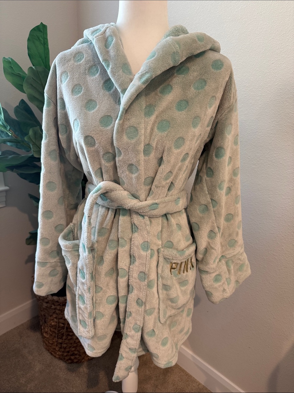 PINK Plush Polka Dot Hooded Robe in Mint